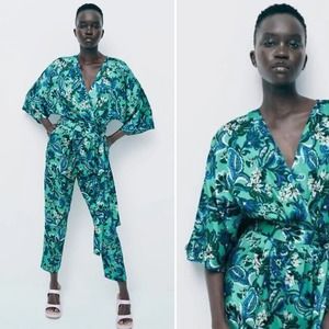 NWT ZARA Women's Green Floral Print V-neck Dolman Sleeve Jumpsuit Size Large